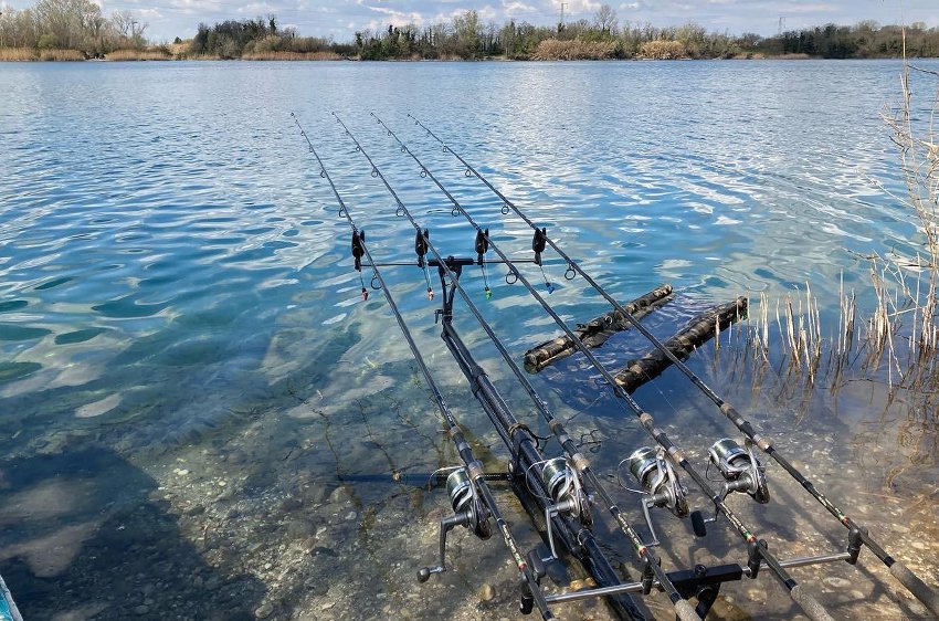 Rod Pod Morgana posizionato in acqua con quattro canne pronte per la sessione di pesca.