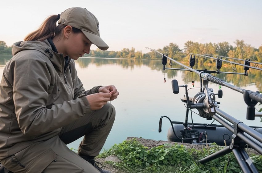 Pescatrice che prepara la lenza accanto a un Rod Pod Morgana Fishing Technology sulle rive del lago