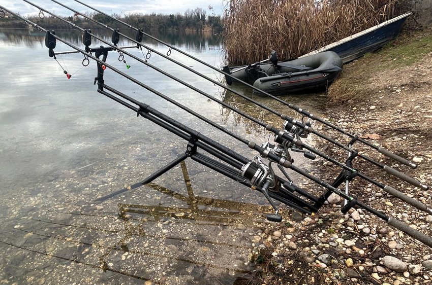 Rod Pod Morgana con canne montate in riva al lago, pronto per una sessione di pesca tecnica.