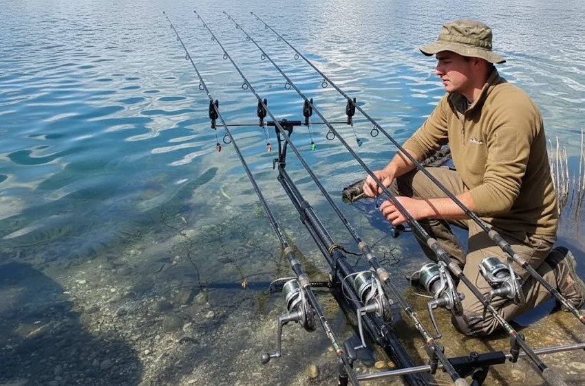 Pescatore che prepara l’attrezzatura su un Rod Pod Morgana Fishing Technology in riva al lago