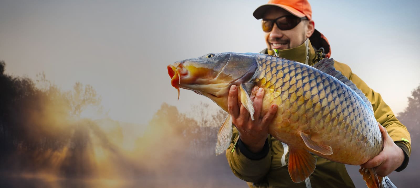 Un pescatore solleva una grande carpa durante una sessione di carp fishing