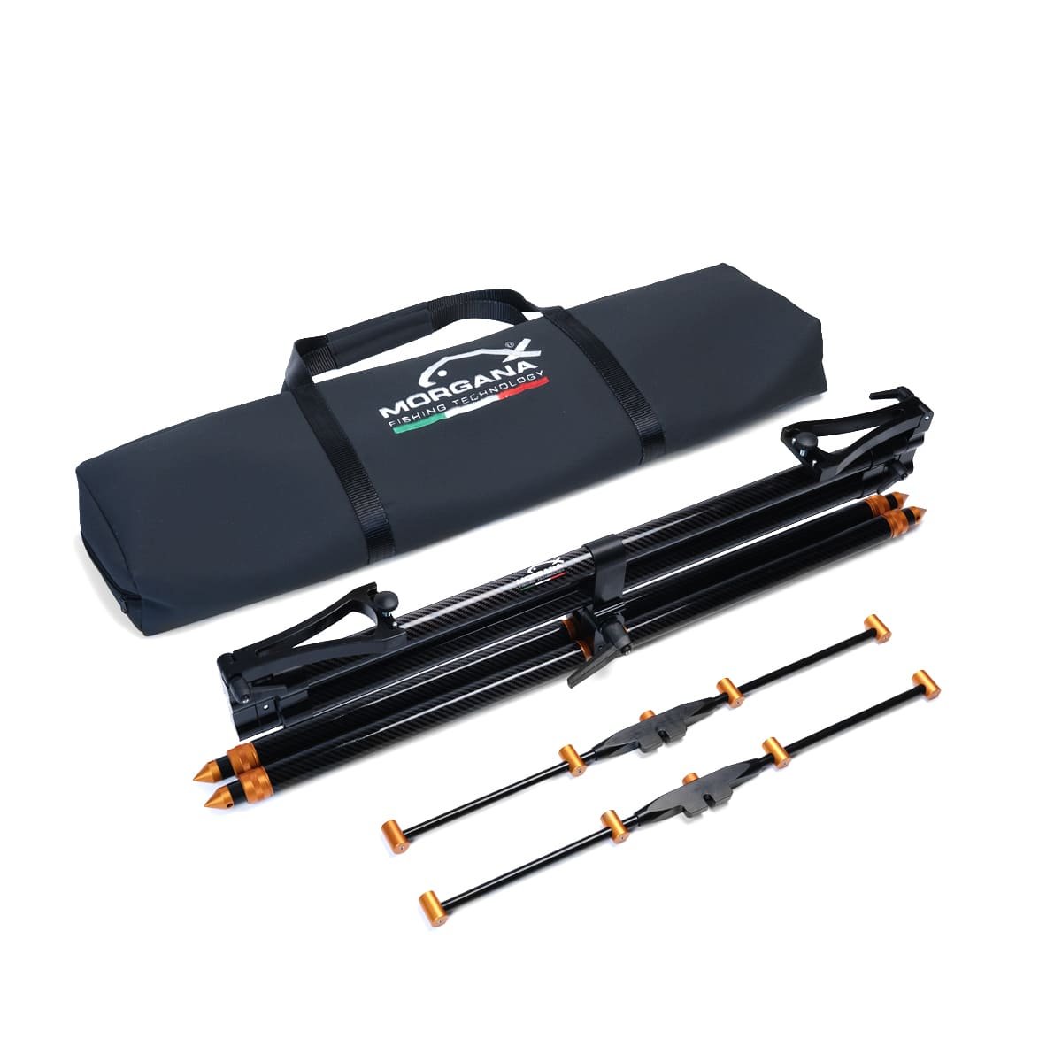 Kit Rod Pod Fusion Carbon smontato con borsa tecnica e componenti in alluminio anodizzato arancione