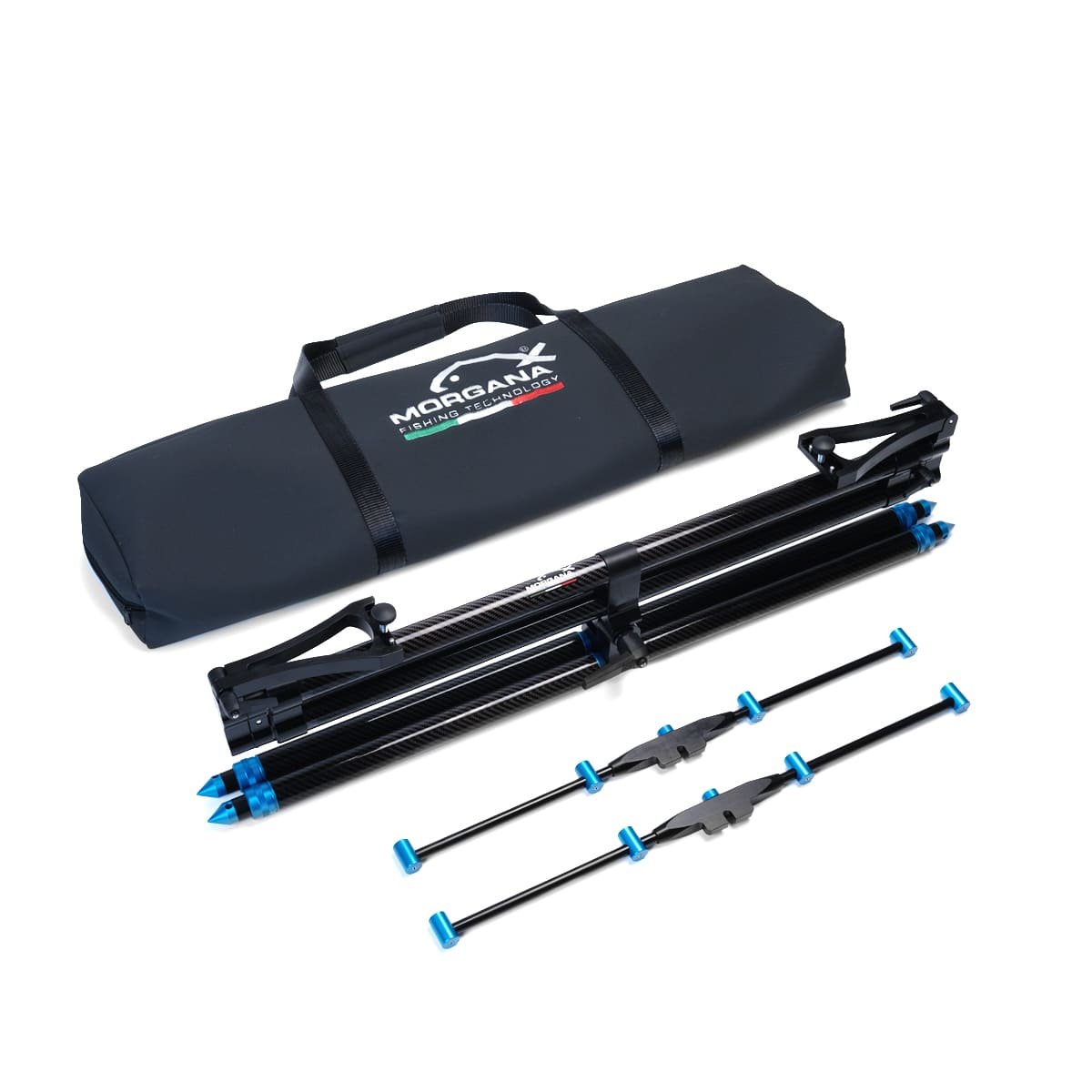 Rod Pod Fusion Carbon smontato con borsa tecnica e componenti in alluminio anodizzato blu