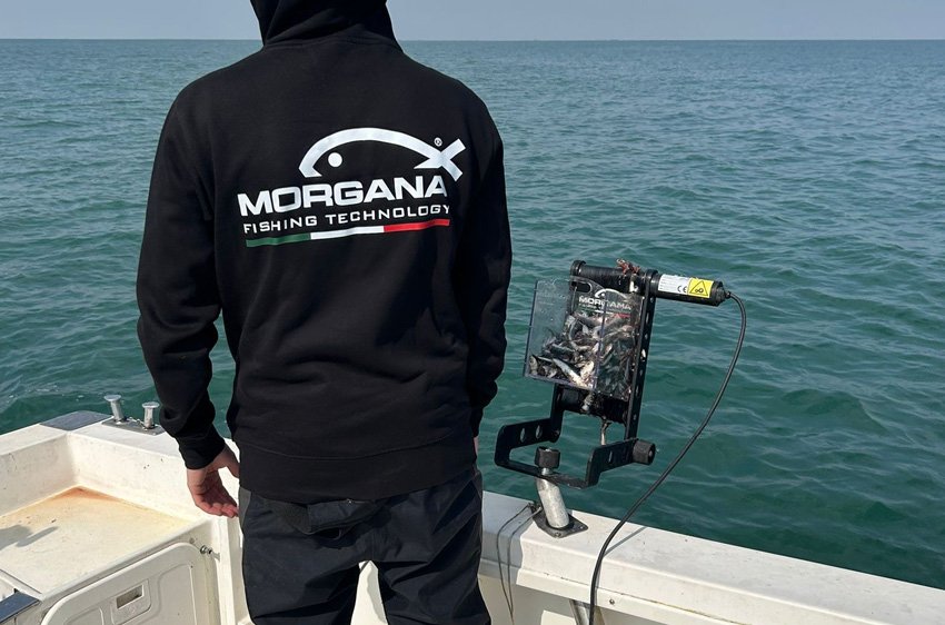 pescatore su barca con pasturatore automatico getta sarde Pollicino Morgana Fishing durante la pesca in mare