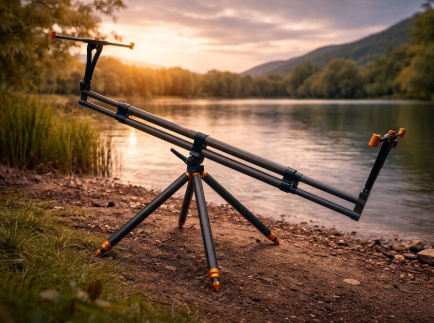 rod pod Morgana Fishing per carpfishing posizionato sulla riva di un lago con supporto per canne da pesca