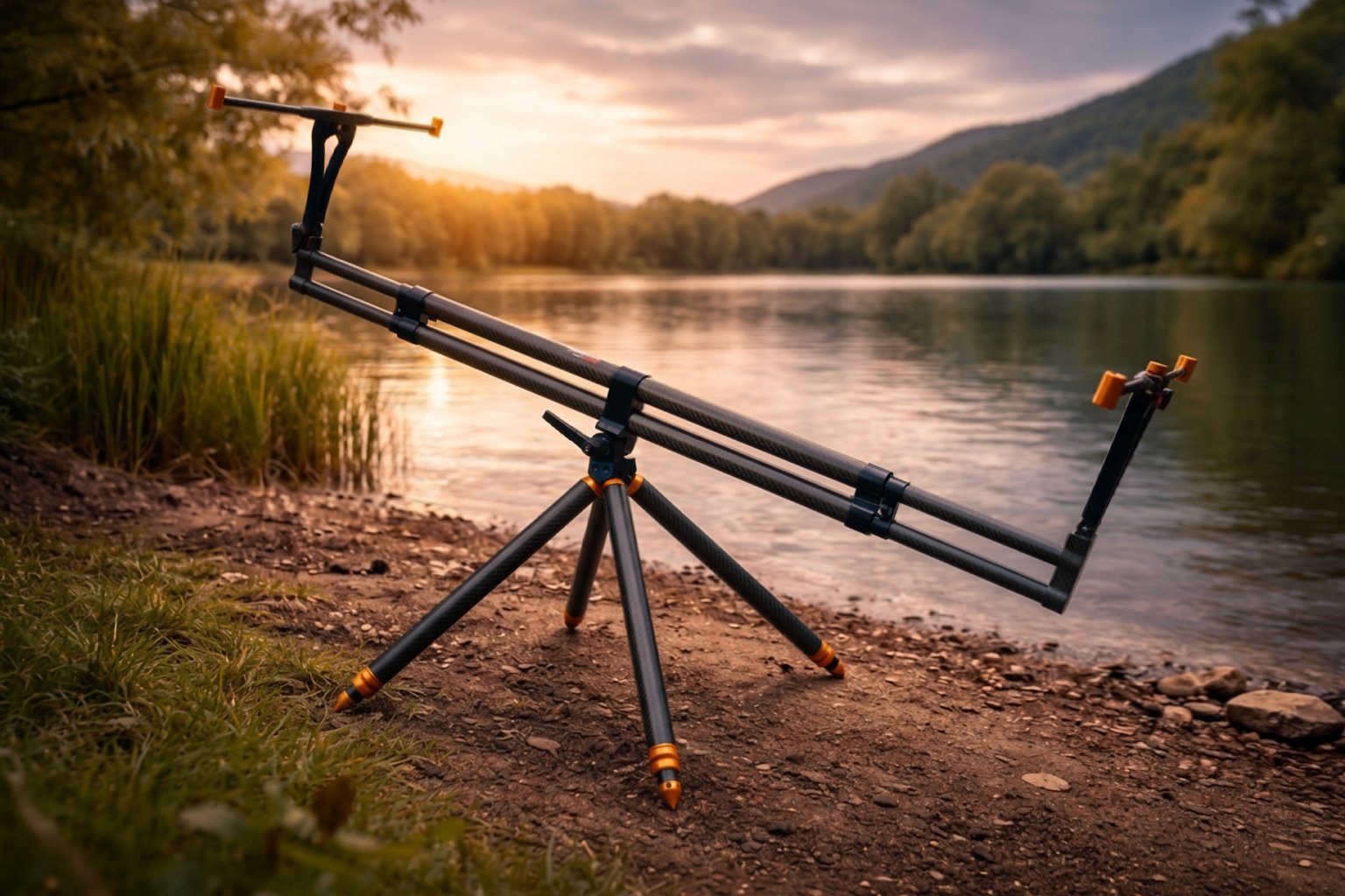 rod pod Morgana Fishing per carpfishing posizionato sulla riva di un lago con supporto per canne da pesca