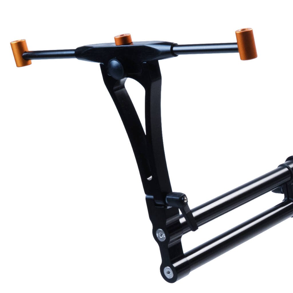 Dettaglio del Rod Pod Fusion Edge con boccole in alluminio anodizzato arancione