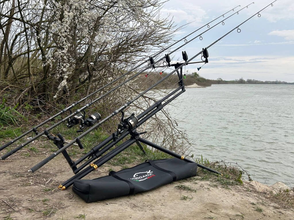 rod pod Morgana Fishing con tre canne da carpfishing posizionato sulla riva del lago per la pesca alla carpa